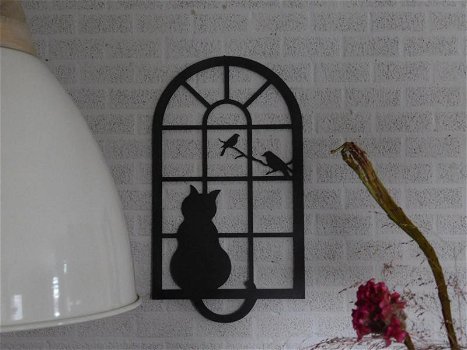 Wanddecoratie , ornament , kat , vogeltjes , etaal ,poes - 3