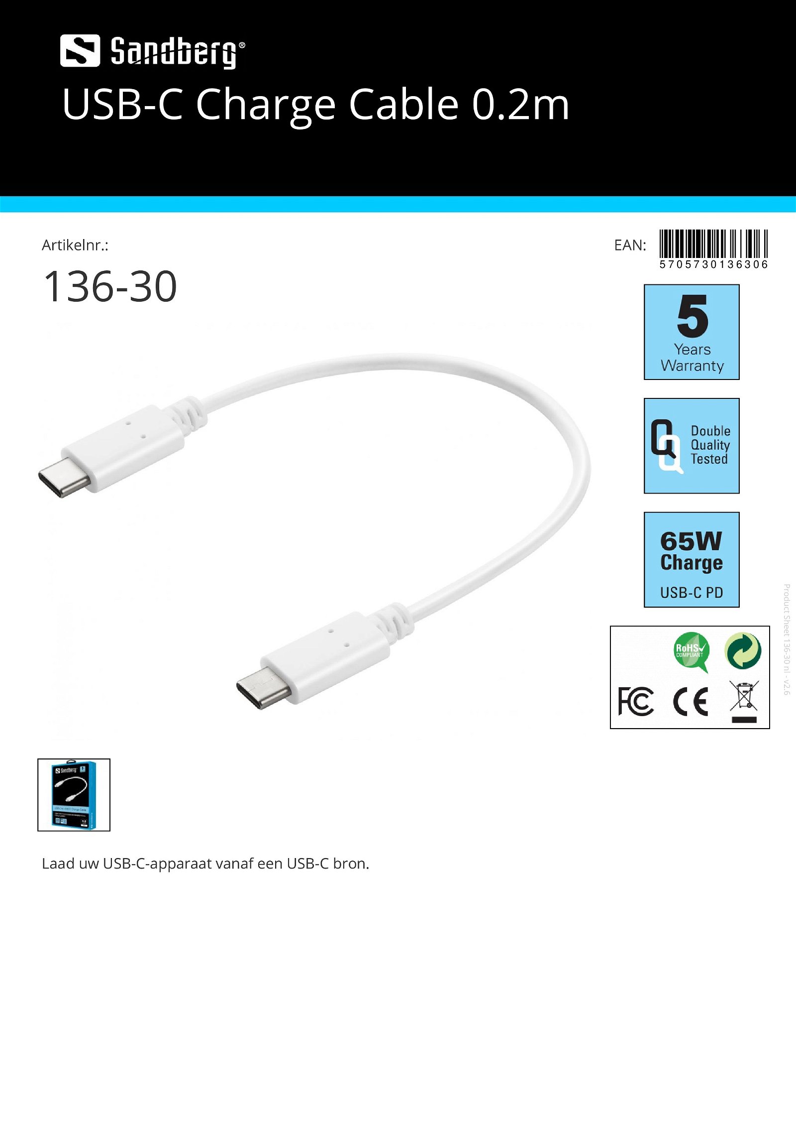 USB-C Charge Cable 0.2m geschikt voor alle merken smartphone - nr. 1