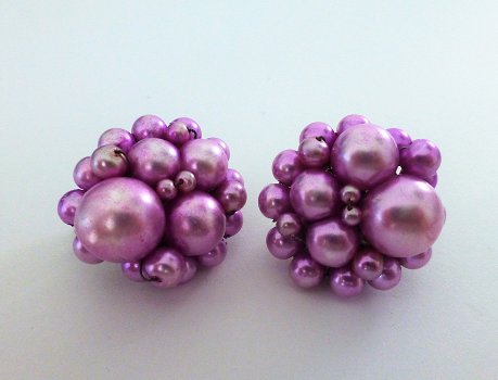 Vintage kralenclips in lila/roze - 0