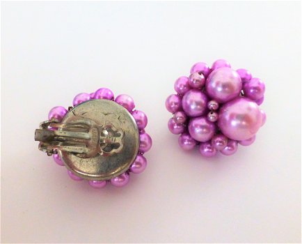 Vintage kralenclips in lila/roze - 2