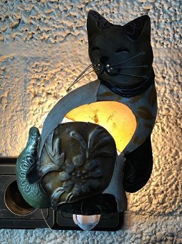 Nachtlamp met afbeelding van een kat, metaal, fraai - 0