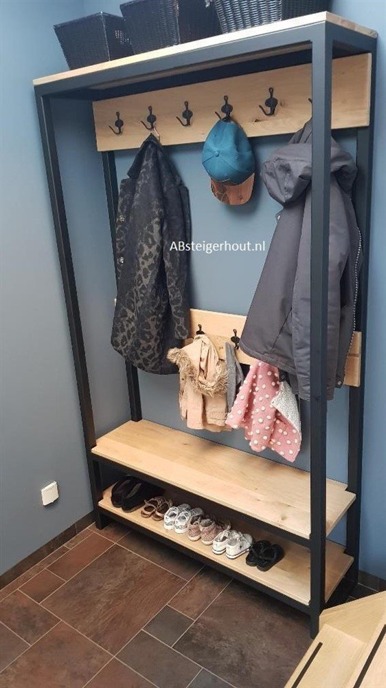 Kapstok zwart staal met eiken hout! Op maat te maken. - Afbeelding 2
