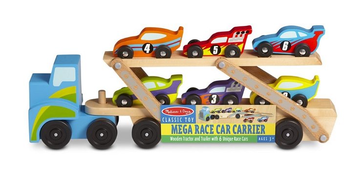 Houten vrachtwagen met oplegger | met zes raceauto's | Melissa and Doug - 0