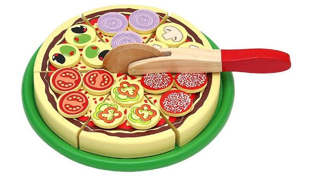 Houten pizza met pizzasnijder en toppings | Speelgoed eten - 0