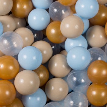 Ballenbak met 200 ballen | Grijs/Blauw | Kleur ballen: goud - licht blauw - beige - 1