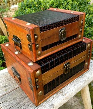 Set houten kistjes,opbergkist , hout en leer , kist, kado - 1