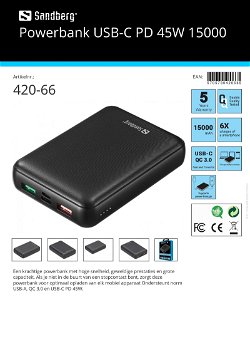 Powerbank USB-C PD 45W 15000 geschikt voor alle merken