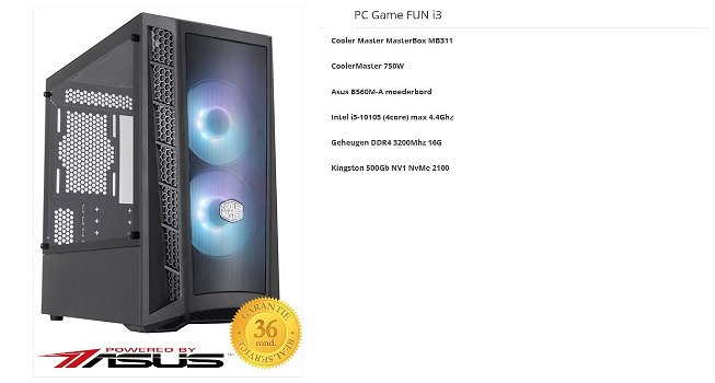 PC Game FUN i3 Intel i3-10105 (4core) max 4.4Ghz 16 GB Kingston 500Gb NV1 NvMe 2100 SSD HDD - 1