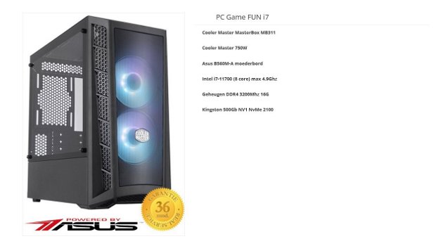 PC Game FUN i7 Intel i7-11700 (8 core) max 4.9Ghz 16 GB Geheugen DDR4 500Gb NV1 NvMe 2100 SSD HDD - 1