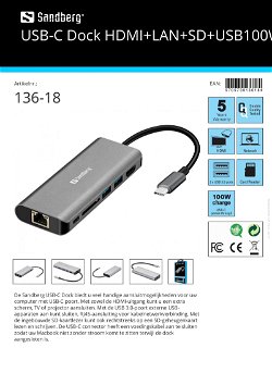 USB-C Dock HDMI+LAN+SD+USB100W dockingstation