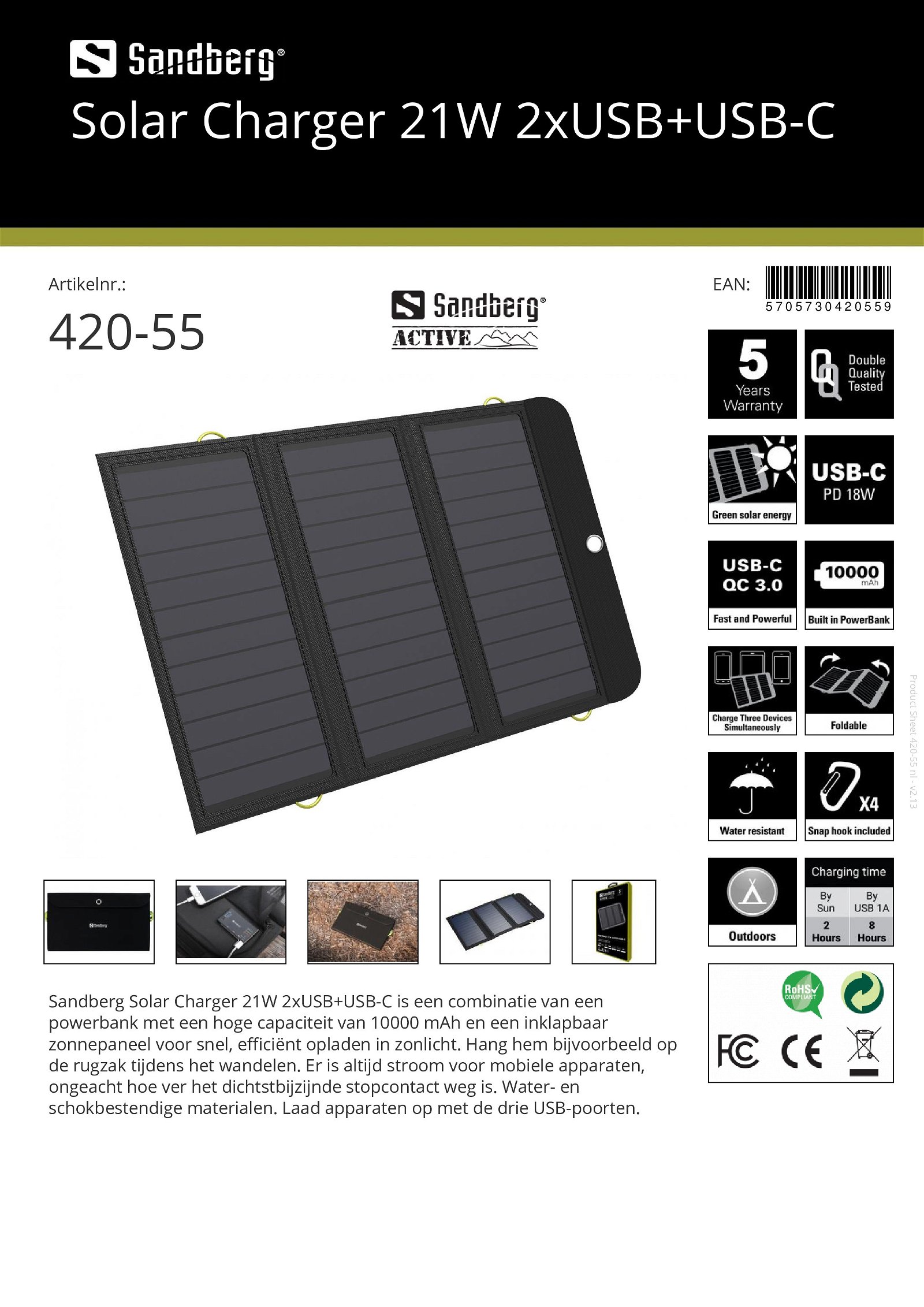 Solar Charger 21W 2x USB + USB-C geschikt voor alle merken - nr. 1