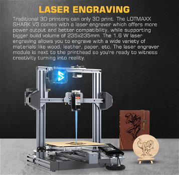 LOTMAXX Shark V3 3D Printer Laser Engraver, Auto Leveling - 3