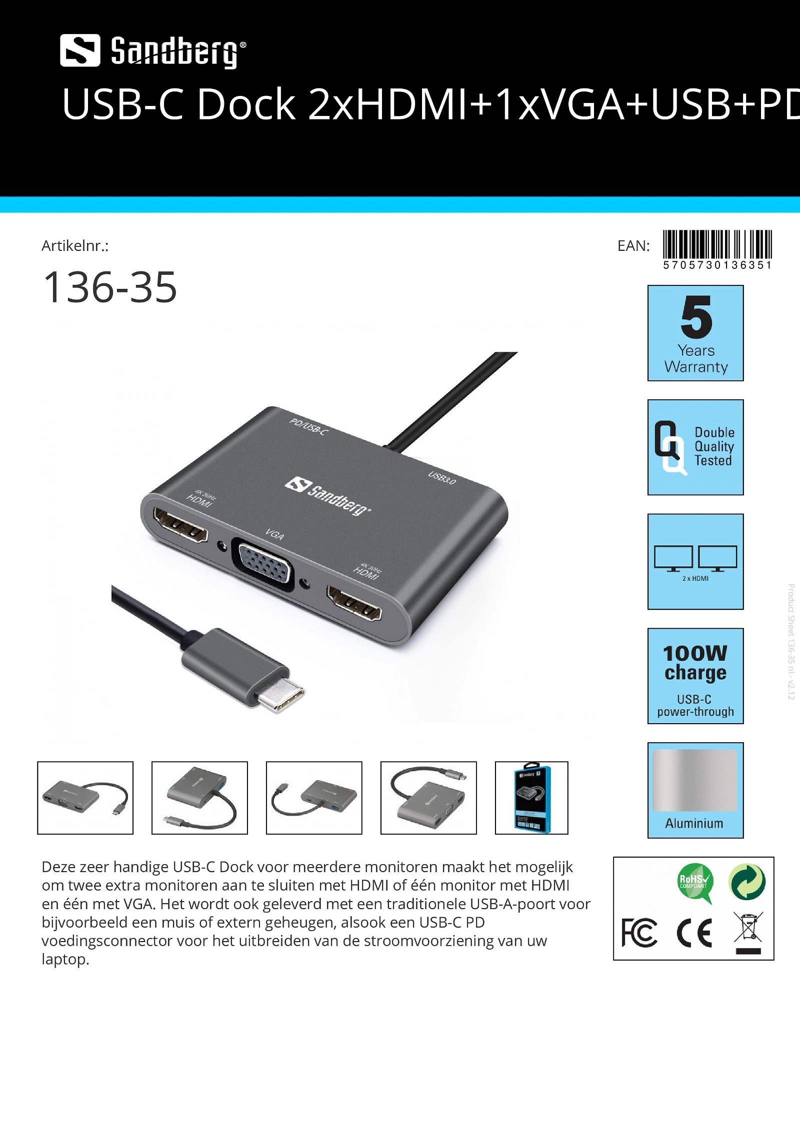 USB-C Dock 2xHDMI+1xVGA+USB+PD - Afbeelding 3