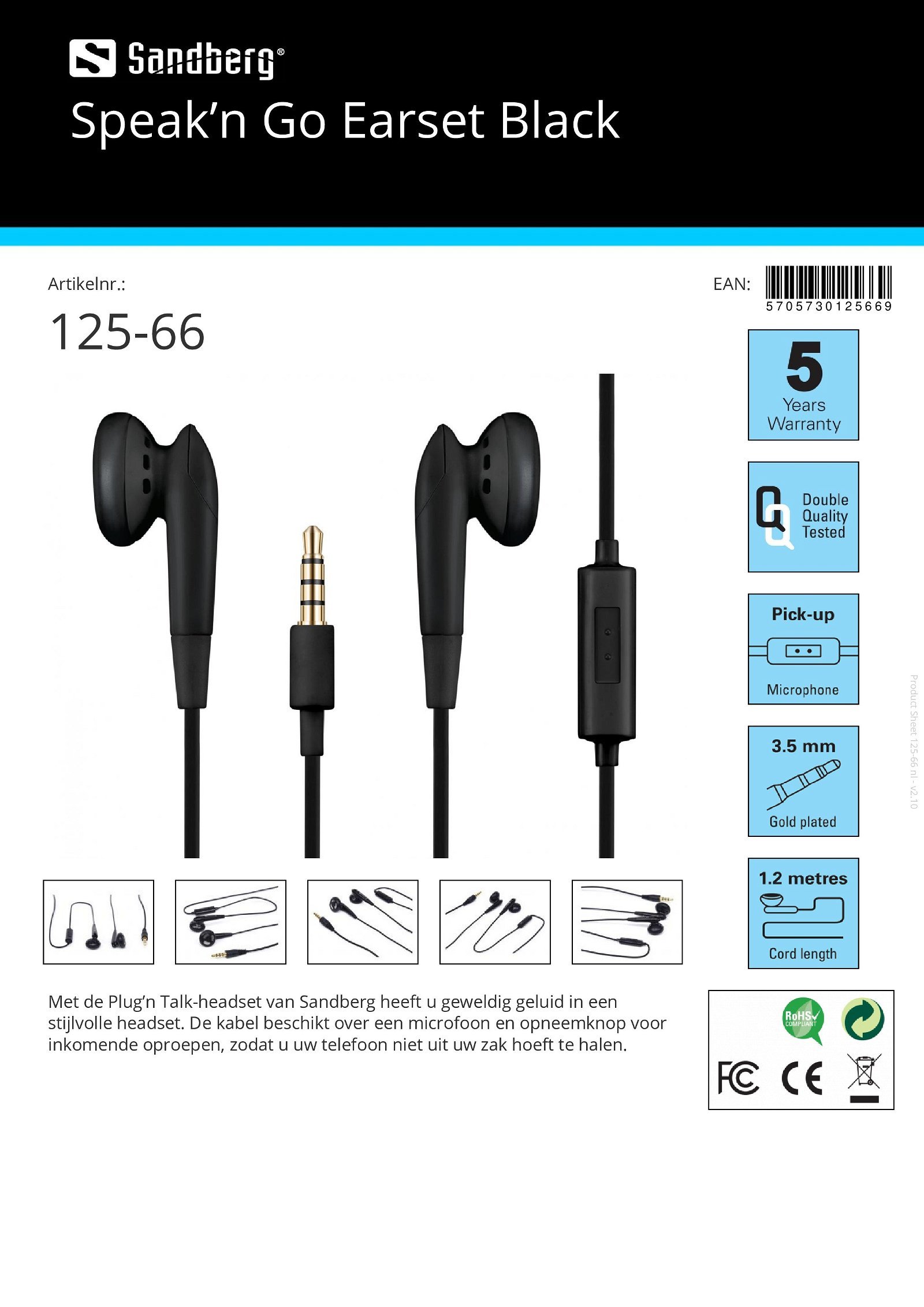 Speak’n Go Earset Black headset met microfoon en opnameknop - Afbeelding 2