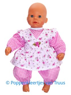 Chou Chou 48 cm Setje roze/ruitjes/roosjes