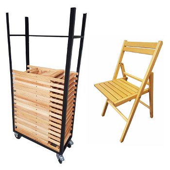 Aanbieding Transportkar+ 25 Houten klapstoelen Bistro - 0