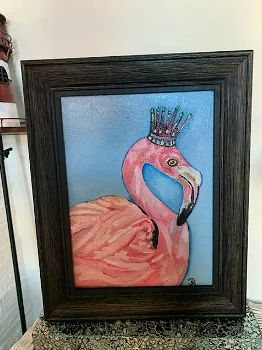 Olieverf Schilderij Flamingo met kroon in lijst - 0