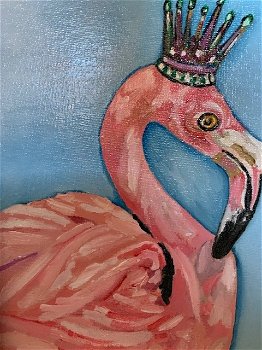 Olieverf Schilderij Flamingo met kroon in lijst - 1