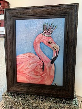 Olieverf Schilderij Flamingo met kroon in lijst - 5