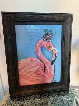 Olieverf Schilderij Flamingo met kroon in lijst - 6