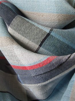 Sjaal thema; stoere ruiten met bolletjesband blauw/grijs/wit - 2