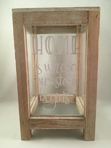 Windlicht (glas) met quote Home is where our story begins