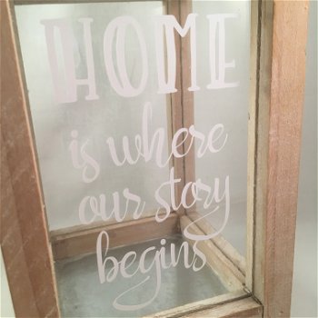 Windlicht (glas) met quote Home is where our story begins - 3