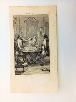 Oude gravure van een kaartspel tussen een dame en twee heren - 0