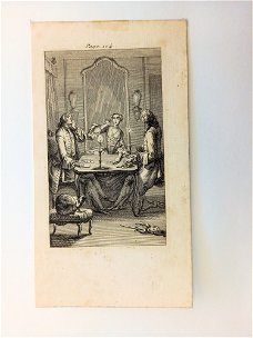 Oude gravure van een kaartspel tussen een dame en twee heren