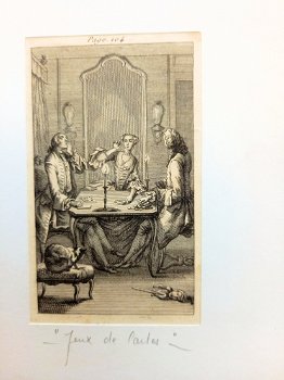 Oude gravure van een kaartspel tussen een dame en twee heren - 2