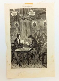 Antieke ets van kaartspelende en schakende heren