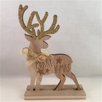 Kerst decoratie houten rendier & Merry X-mas quote (3 stuks) - 0