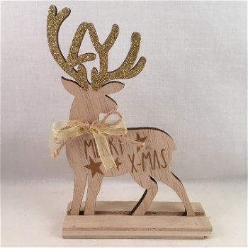 Kerst decoratie houten rendier & Merry X-mas quote (3 stuks) - 1