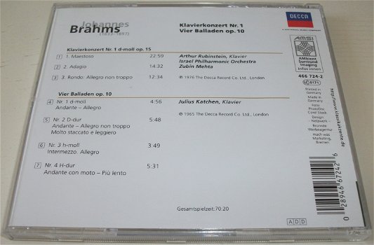 CD *** BRAHMS *** Klavierkonzert Nr. 1 & Vier Balladen Op. 10 - 1