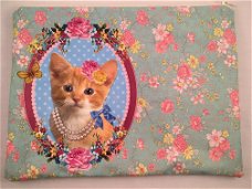 toilettas retro bloemenprint & applicatie kat / poes