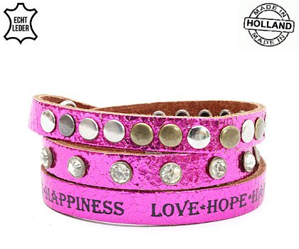 Lederen armband PINK met tekst - 0