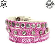 Lederen armband PINK met print en tekst