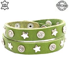 Lederen armband GREEN ster en ronde studs