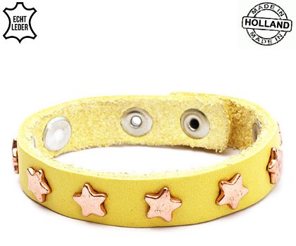 Lederen armband YELLOW met roze gouden ster studs - 0