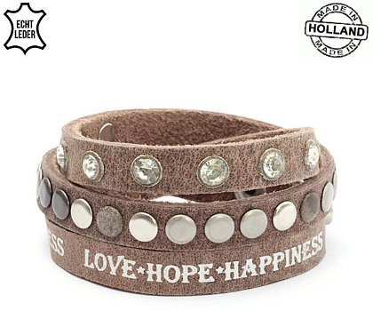Lederen armband BROWN met tekst love hope happiness - 0