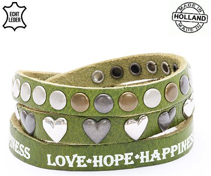 Lederen armband GREEN met tekst love hope happiness - 0