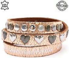 Lederen armband PINK met hart en ronde studs