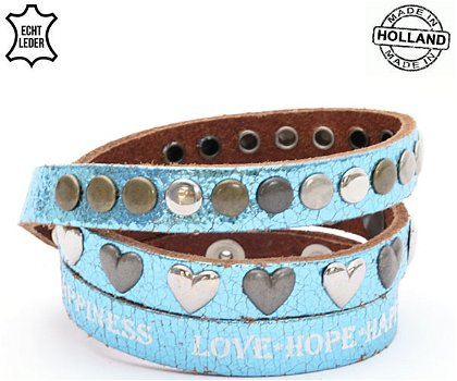 Lederen armband BLUE met tekst love hope happiness hart - 0