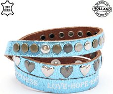 Lederen armband BLUE met tekst love hope happiness hart