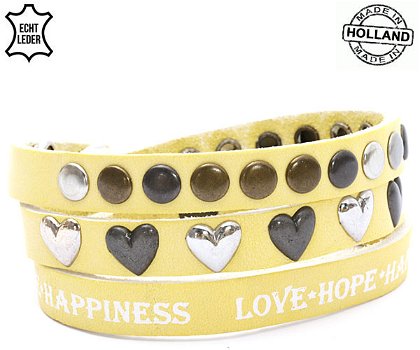 Lederen armband YELLOW met tekst love hope happiness - 0