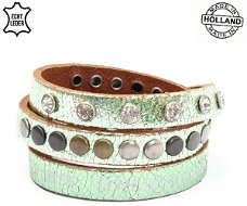 Lederen armband GREEN met print en ronde studs