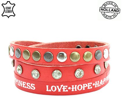 Lederen armband RED met tekst love hope happiness en ronde studs - 0