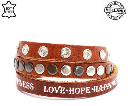 Lederen armband BROWN met tekst love hope happiness en ronde studs - 0