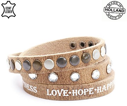 Lederen armband LIGHTBROWN met tekst love hope happiness en ronde studs - 0