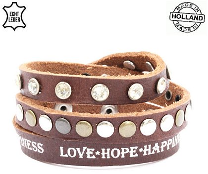 Lederen armband DARK BROWN met tekst love hope happiness ronde studs - 0